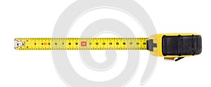 Measuring tape isolated on white background, top view photo