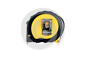 Measuring tape measure on white background. Tool. Top view