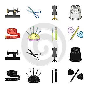 Measuring tape, needles, crayons and pencil.Sewing or tailoring tools set collection icons in black,cartoon style vector