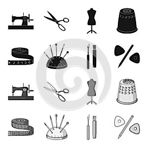 Measuring tape, needles, crayons and pencil.Sewing or tailoring tools set collection icons in black,monochrome style