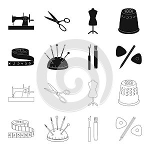 Measuring tape, needles, crayons and pencil.Sewing or tailoring tools set collection icons in black,outline style vector