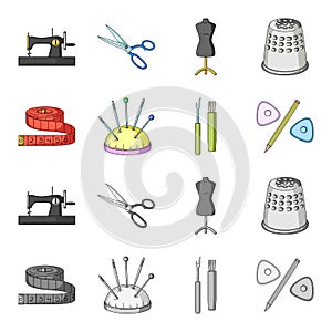 Measuring tape, needles, crayons and pencil.Sewing or tailoring tools set collection icons in cartoon,monochrome style