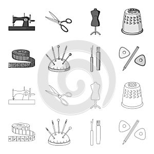 Measuring tape, needles, crayons and pencil.Sewing or tailoring tools set collection icons in outline,monochrome style