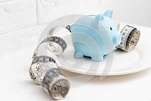 a measuring tape and a piggy bank in a white plate
