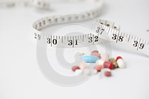 Measuring tape with some medicines, the photo express the diet and nutrition