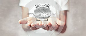 The measuring tape is stretched over the piggy bank. illustration. man holding open palms