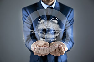 The measuring tape is stretched over the piggy bank. illustration. man holding open palms