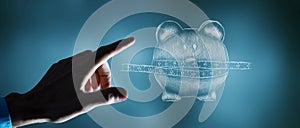 The measuring tape is stretched over the piggy bank. illustration. man presses the screen