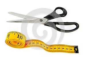Measuring tape and tailor scissors isolated on white. Collage