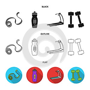Measuring tape, water bottle, treadmill, dumbbells. Fitnes set collection icons in black,flat,outline style vector