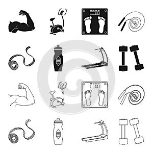 Measuring tape, water bottle, treadmill, dumbbells. Fitnes set collection icons in black,outline style vector symbol