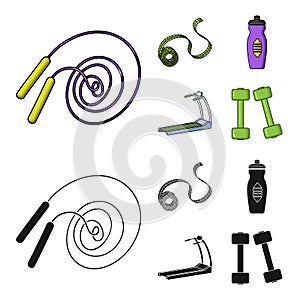 Measuring tape, water bottle, treadmill, dumbbells. Fitnes set collection icons in cartoon,black style vector symbol