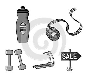 Measuring tape, water bottle, treadmill, dumbbells. Fitnes set collection icons in monochrome style vector symbol stock