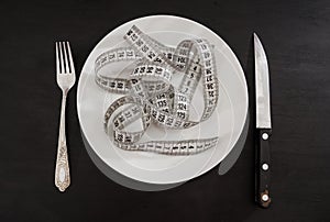 Measuring tape in a white plate, fork and knife on a black background. View from above. The concept of weight loss or diet.
