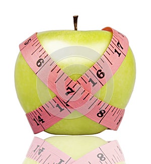 Measuring tape wrapped around a green apple