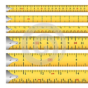 Measuring tapes. Measure inches tape measurement ruler, centimeter metric precision tool roulette length markings
