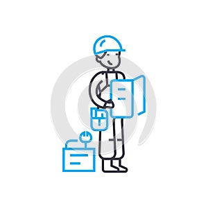 Measuring work man vector thin line stroke icon. Measuring work man outline illustration, linear sign, symbol concept.