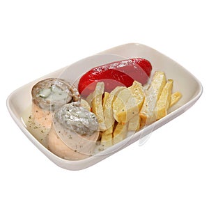 Meat appetizer for first-class cabin passengers on a white background