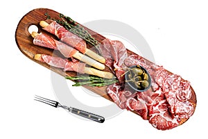 Meat appetizer platter with grissini sticks, Prosciutto crudo, Salami and Coppa Sausage and olives. Isolated, white