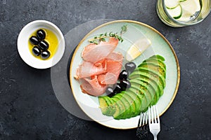 Meat, avocado, olives are an excellent keto snack. Low carbohydrate nutrition. Diet option. Top view,