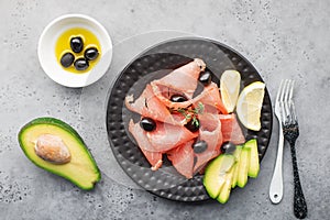 Meat, avocado, olives are an excellent keto snack. Low carbohydrate nutrition. Diet option. Top view,