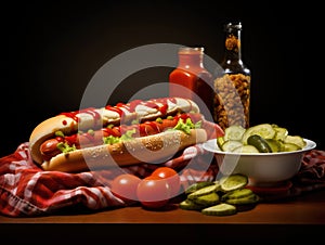 Meat background bread hot bun sausage lunch mustard snack hotdog food ketchup