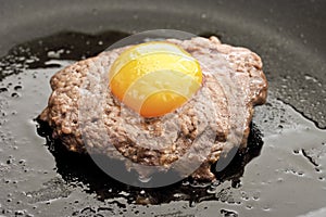 Meat ball with yolk on top, frying