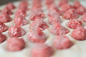 Meat balls laying on the rolled out wheat dough. Potstickers cooking.