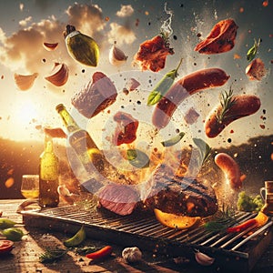 meat barbacue flying pieces of meat and veggies , splahing sauces, sunset golden light