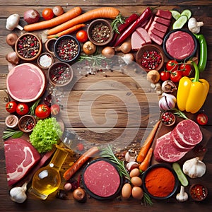 Meat based food ingredients arranged around wooden board