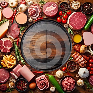Meat based food ingredients arranged around wooden board