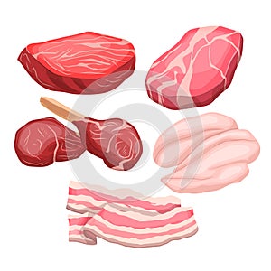 meat beef raw food set cartoon vector illustration