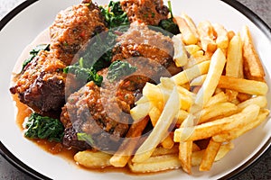 Meat for bull tail stew Rabo de toro served with french fries on white plate. Horizontal