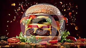 Meat burger Gourmet, cheese, pickle, onion, lettuce, tomato, grill. Illustration. Big burger close up. Generative Ai