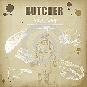 Meat butcher shop hand drawn sketch background vector vintage illustration. Old paper meat shop backdrop design with