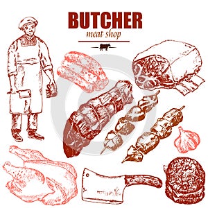 Meat butcher shop hand drawn sketch vector vintage illustration. Chalkboard meat shop menu poster design with beef steak