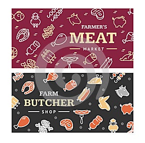 Meat Butchery Banner Horizontal Set. Vector