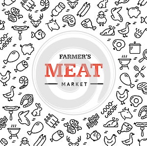 Meat Butchery Signs Round Design Template Thin Line Icon Concept. Vector