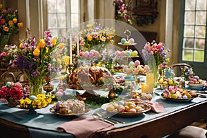 Meat cake, blooming flowers,wax candles and colorful holiday eggs on plates