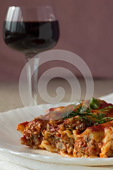 Meat cannelloni and glass of wine