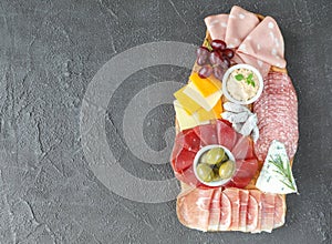 Meat and cheese board with products from Italy - prosciutto, mortadella, felino, bresaola, gorgonzola, parmesan, pate, green