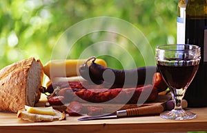 Meat, cheese, bread and red wine, traditional food