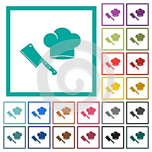 Meat cleaver knife and chef hat flat color icons with quadrant frames