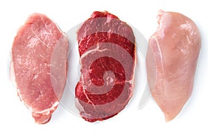 Meat collection on white background. Beef, pork, chicken,  on white. Meat steaks.