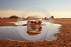 Meat Consumption Dangers Represented: Hamburger in a Small Desert Puddle. AI