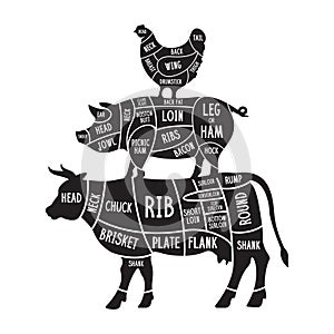 Meat cuts set. Diagrams for butcher shop. Scheme of chicken, beef, pork etc. Animal silhouettes. Guide for cutting