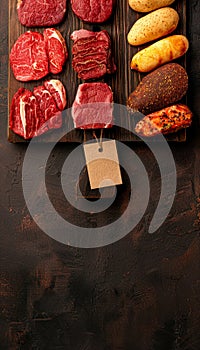Meat cuts on wood tray in butcher shop, blank price tags, wide banner for customization