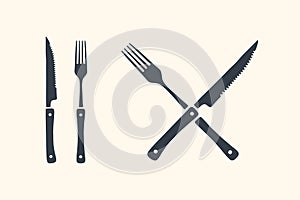 Meat cutting knives and forks set. Steak, butcher and BBQ supplies