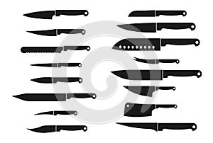 Meat cutting knives set. Kitchen metal knife isolated vector silhouettes