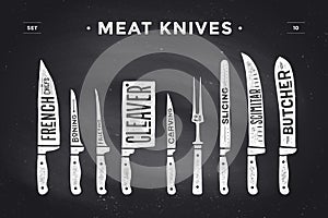 Meat cutting knives set. Poster Butcher diagram and scheme